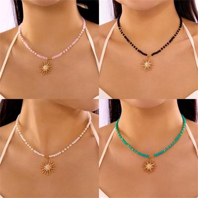 Beaded Necklace for Women Gold Sun Moon Pendant Necklace Summer Sunflower Pendant Colorful Rice Beads Choker Necklace Christmas
