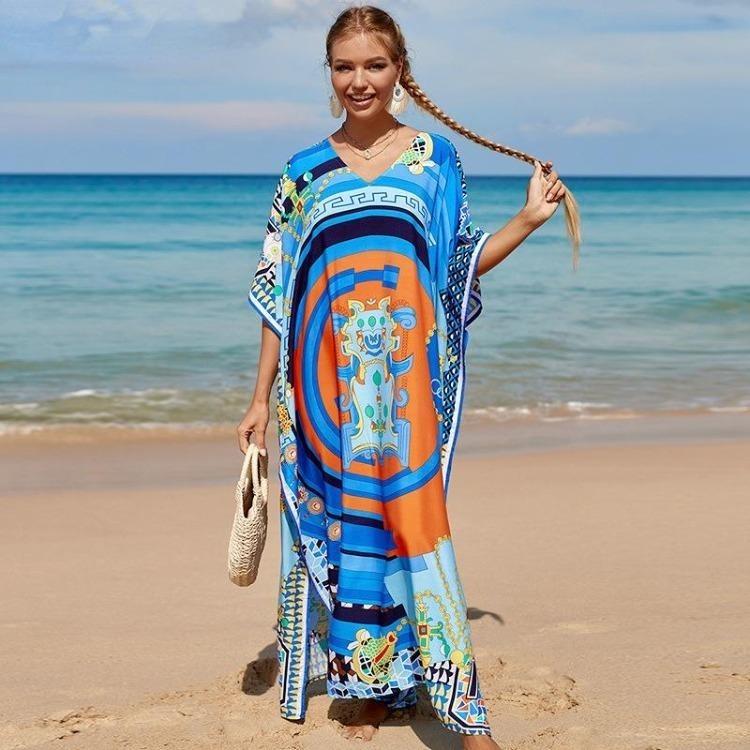 Colorful Printed Boho Beach Kaftan Dress Women Plus Size Maxi Summer Cover Up Rayon Bathing Suit