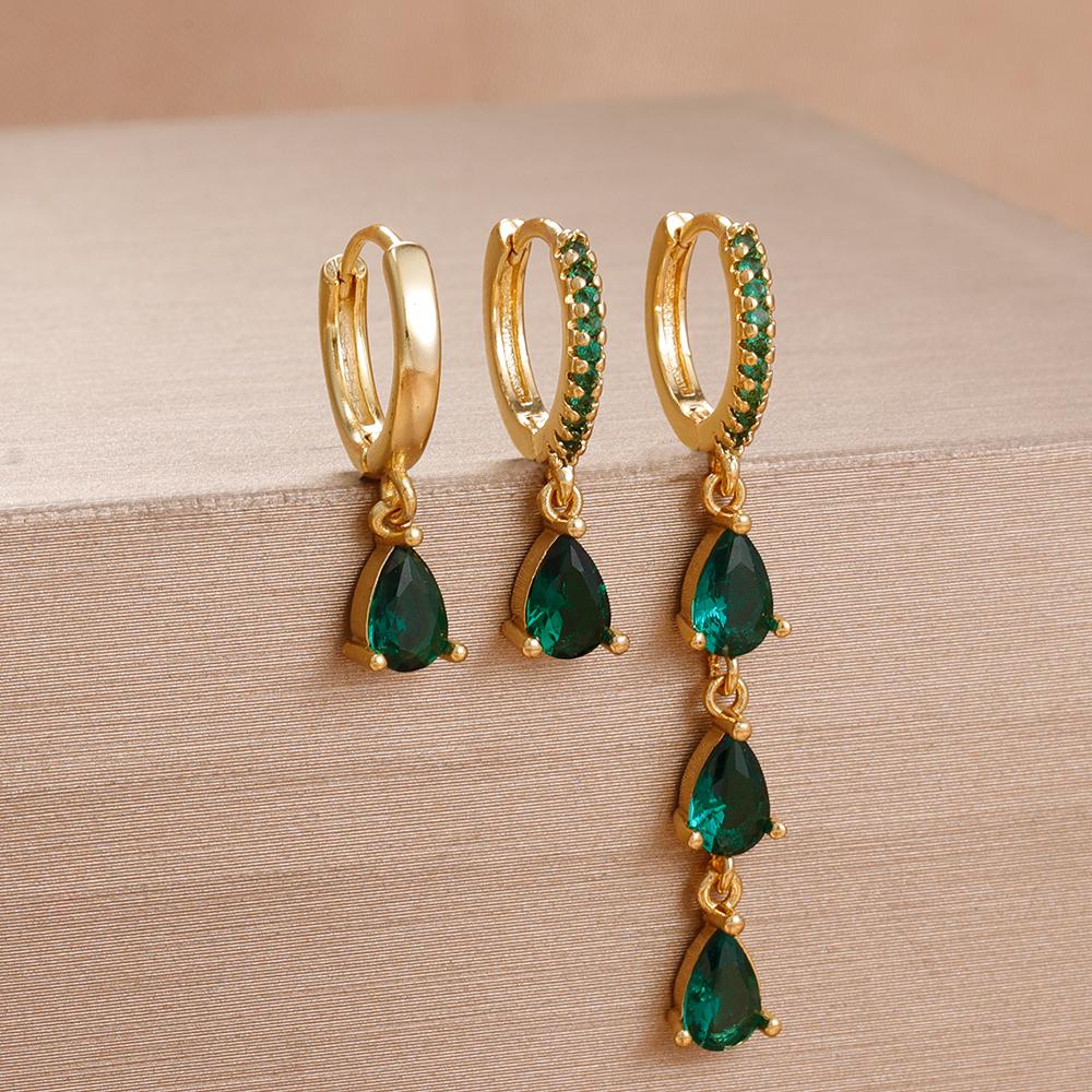 3PCS Exquisite Green CZ Zircon Water Drop Gold Color Earrings Set for Women Dainty Stackable Piercing Earring Luxury Jewelry