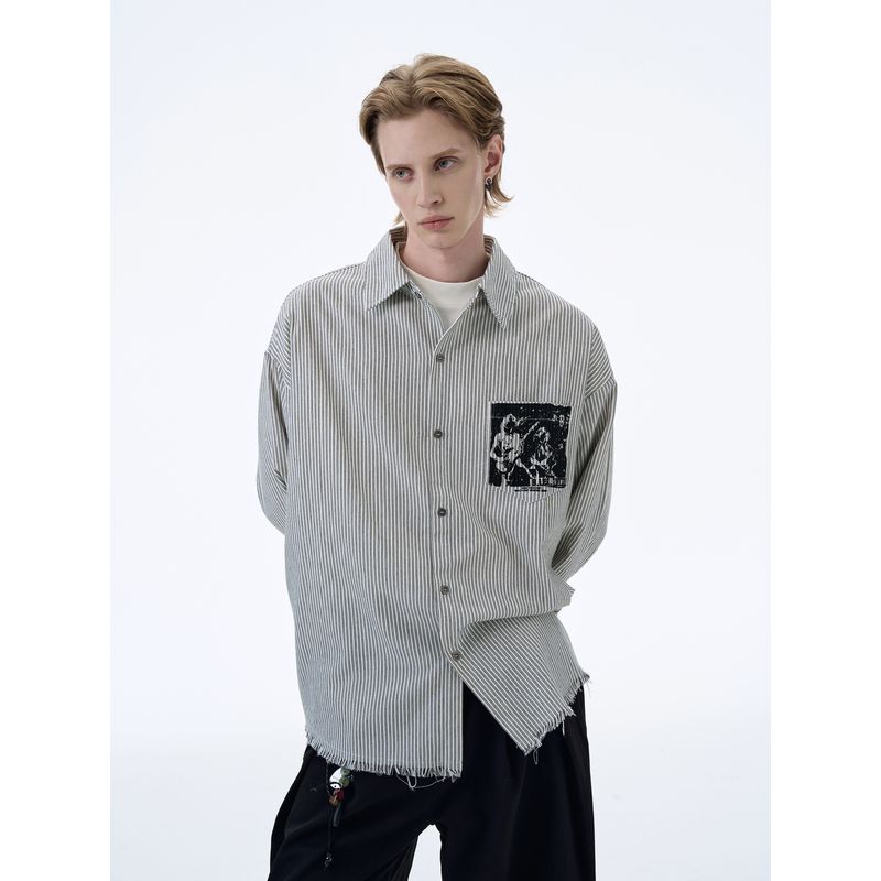 Kisko American Retro Stripesd Raw Edge Band Printed Long-Sleeved Shirt for Men and Women, High-End Silhouette Casual Shirt