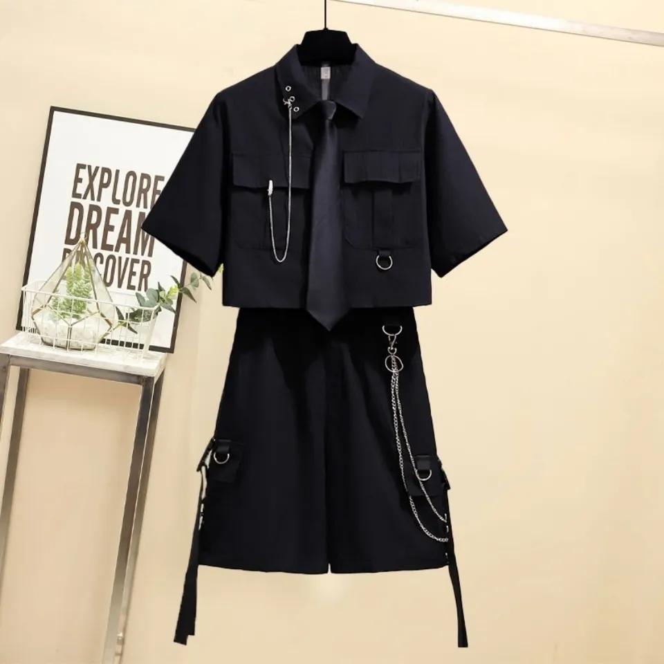 Spring Summer Streetwear Cargo Shorts Sets High Waist Joggers Women 2 Piece Short Sleeve Top with Casual Trousers