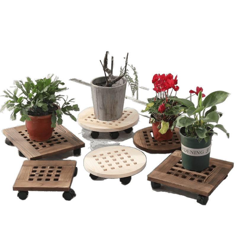 Bonsai Wood Flower Stand with Wheels | Square/Round Anti-Corrosion Elevated Pot Tray for Indoors