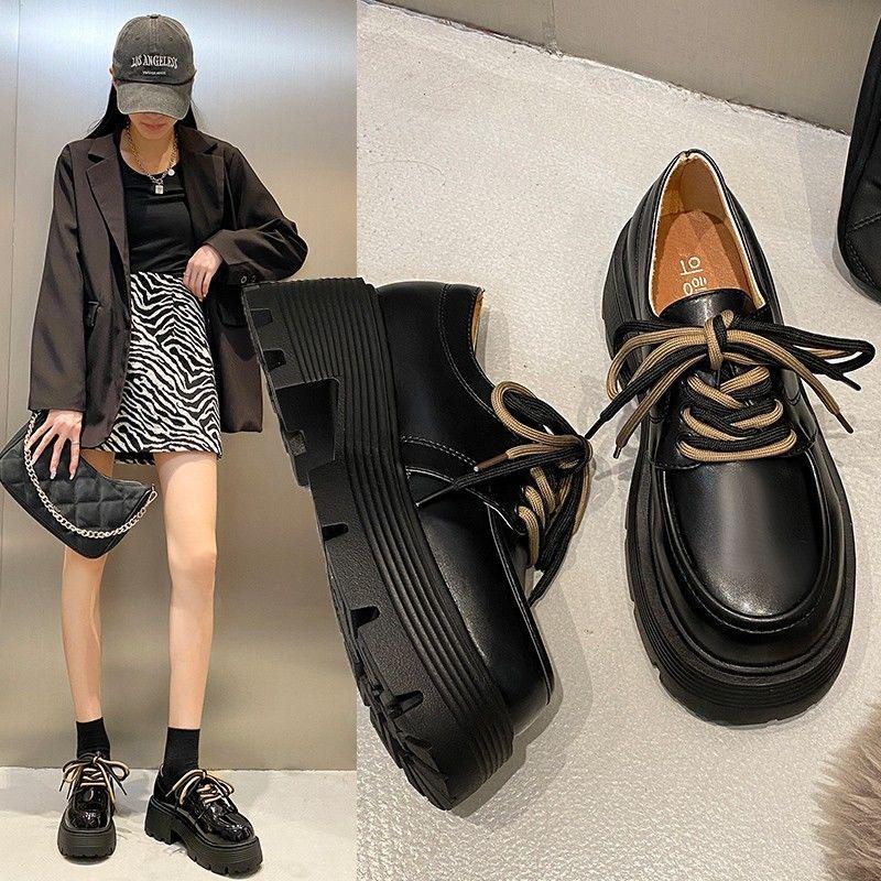 Thick Heel Thick Sole Heightened Lace-up Small Leather Shoes for Women In the Autumn of 2025, New Models Plus Versatile British Style Retro Single S