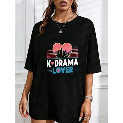 Schwarzes Oversize-T-Shirt mit Herz-Stadt-Print – „K-DRAMA LOVER“ K-Drama Fan Top