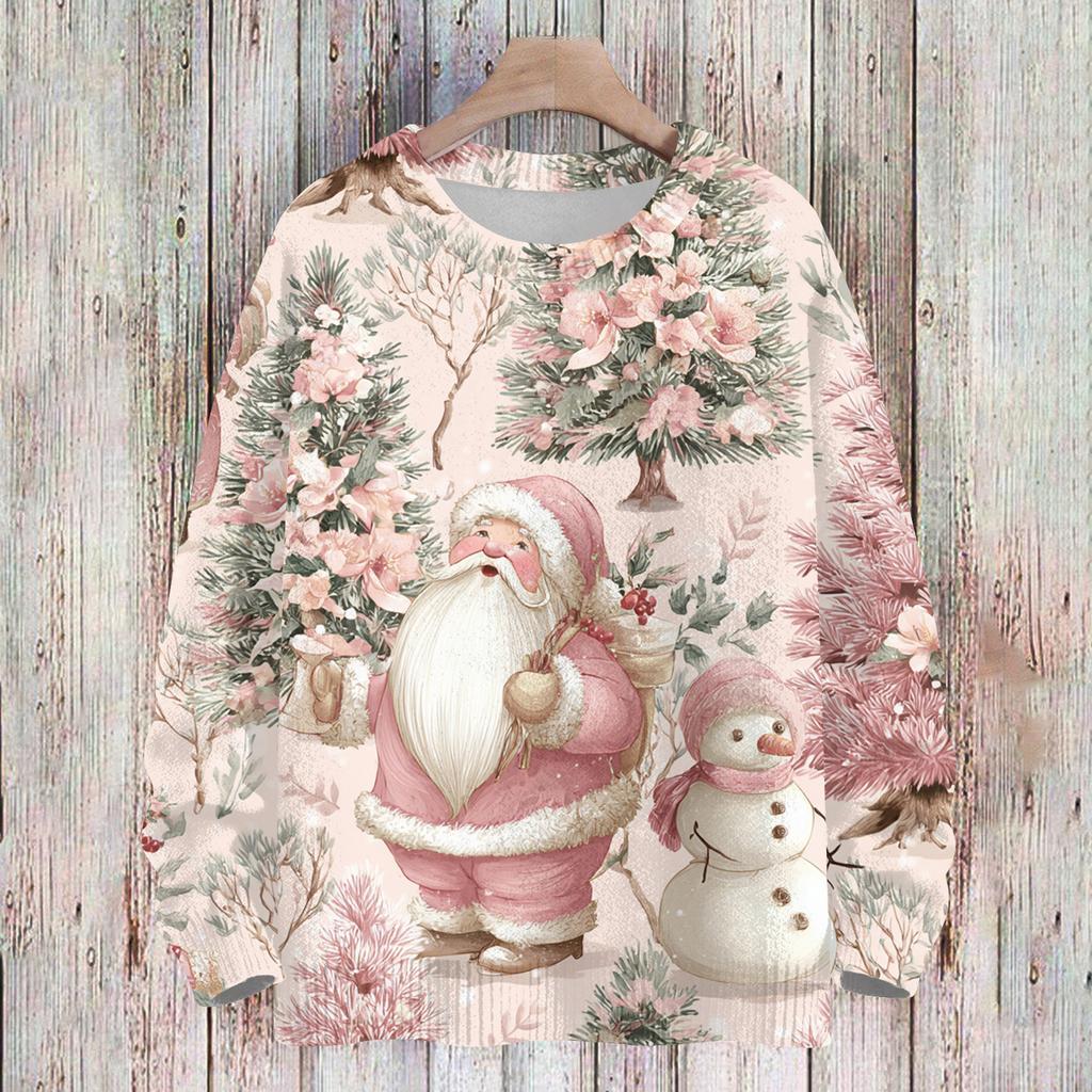 Ladies' Fashionable And Casual Christmas Cute Printed Round Neck Long Sleeved Knitted Yarn