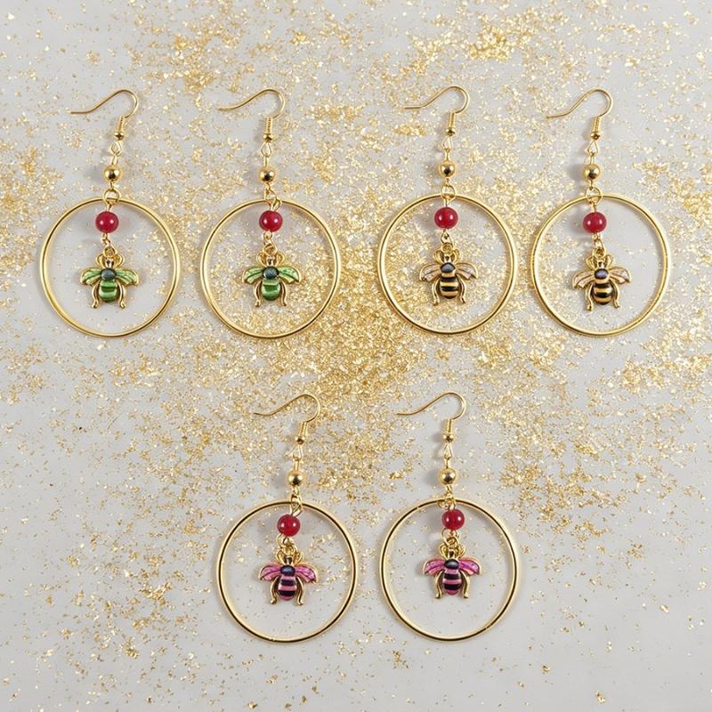 Rust-proof Gold Plated Hoop Dangle Earrings Enamel Bee Charm Red Bead Accent for Women Casual Daily Wear Gift