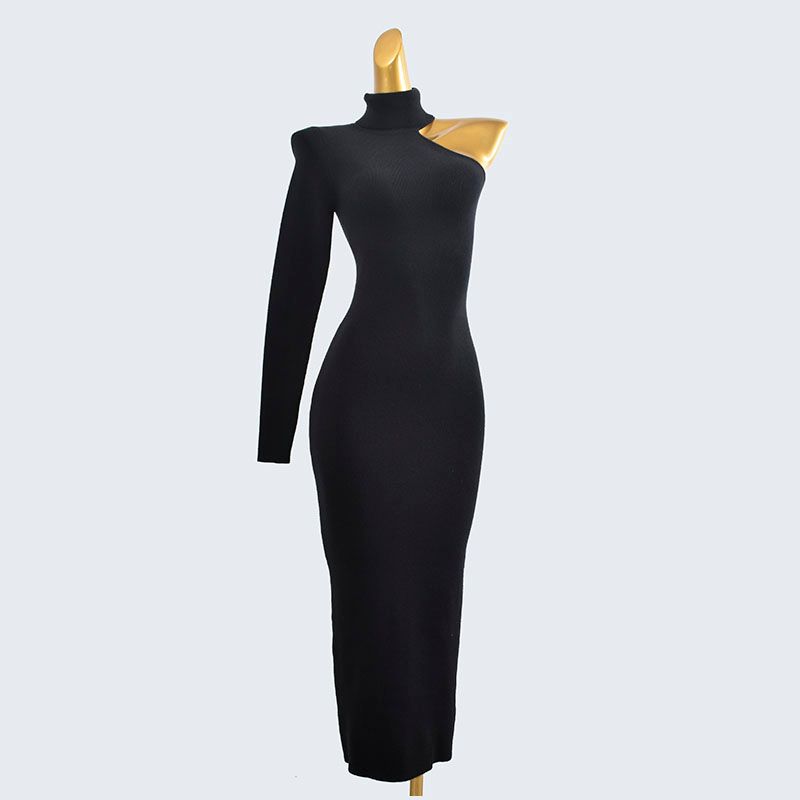 Foreign Trade Edge Single Autumn Turtleneck Shoulder Sleeve Sexy Knitted Sunken Stripe Slim Fit Sheath Mid-Length Dress Over the Knee