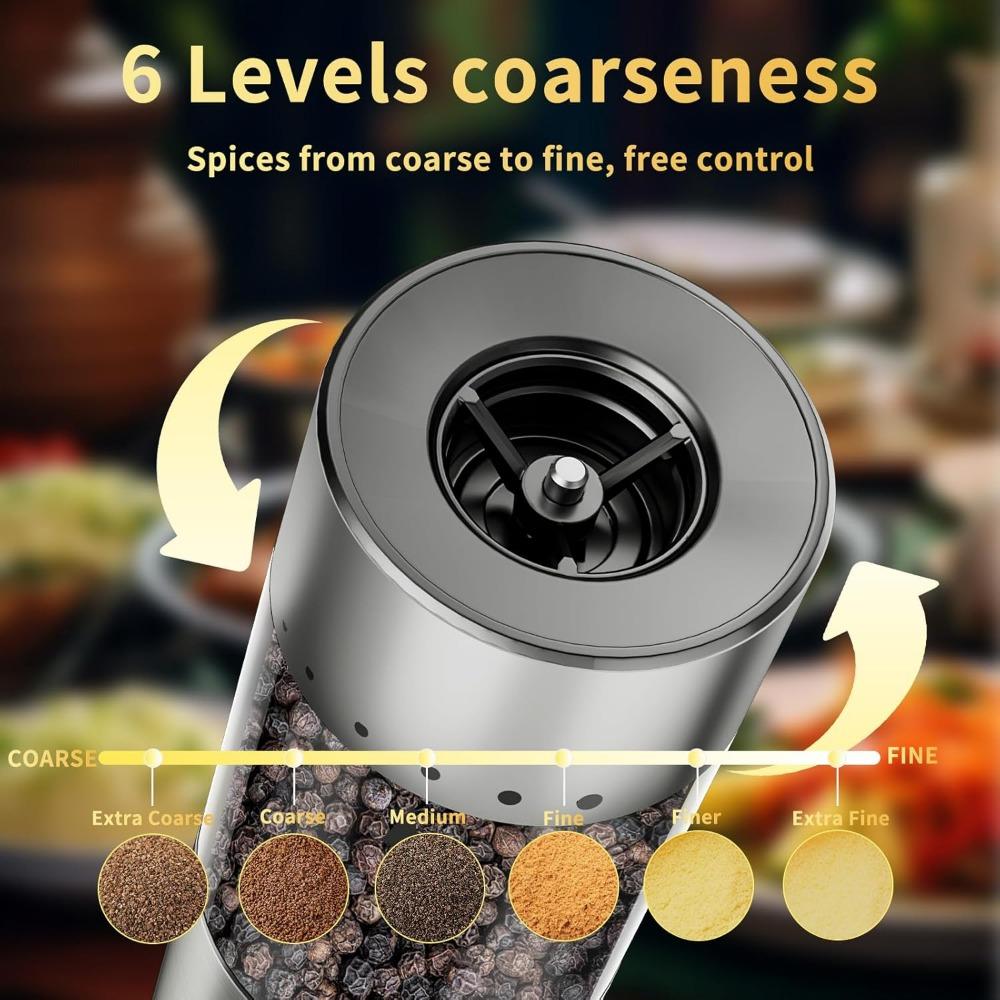Zaktualizowany Elektryczny Zestaw Młynków do Soli i Pieprzu z Możliwością Ładowania USB-C | Duża Pojemność 95ml | 6 Regulowanych Stopni Grubość Mielenia | Stal Nierdzewna Sól Różowa