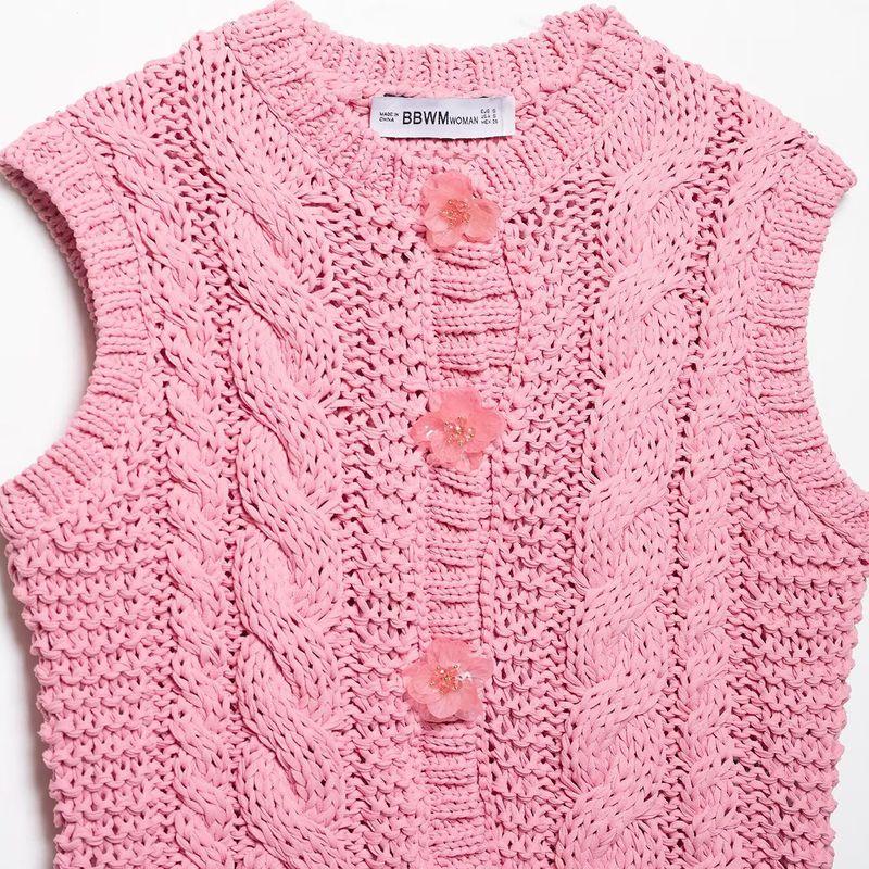 Kaslead New Arrival Women's Clothing Fashion Style Fashion Minimalist Flower Decorated Row Button Knitting Vest 3920238