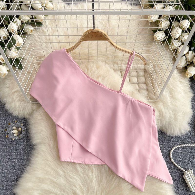 Sweet and Spicy Small Top Women's Stylish One-Shoulder Cold-Shoulder Single-Side Sling Silm Short Crop Top Versatile Holiday Small Shirt Fashion