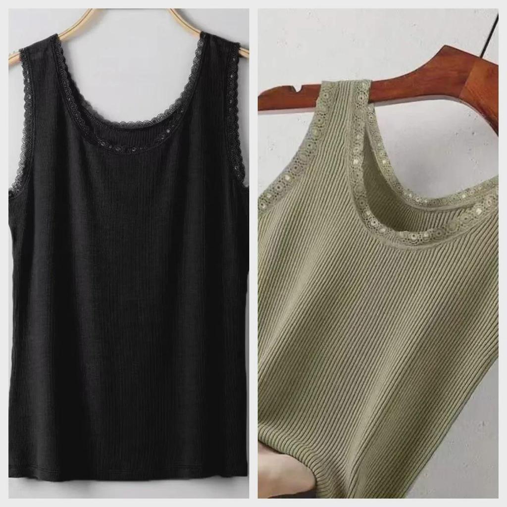 Damen Modal Geripptes Tanktop mit breiten Trägern und Spitzenbesatz - Frühling/Sommer Übergröße Lockere Passform