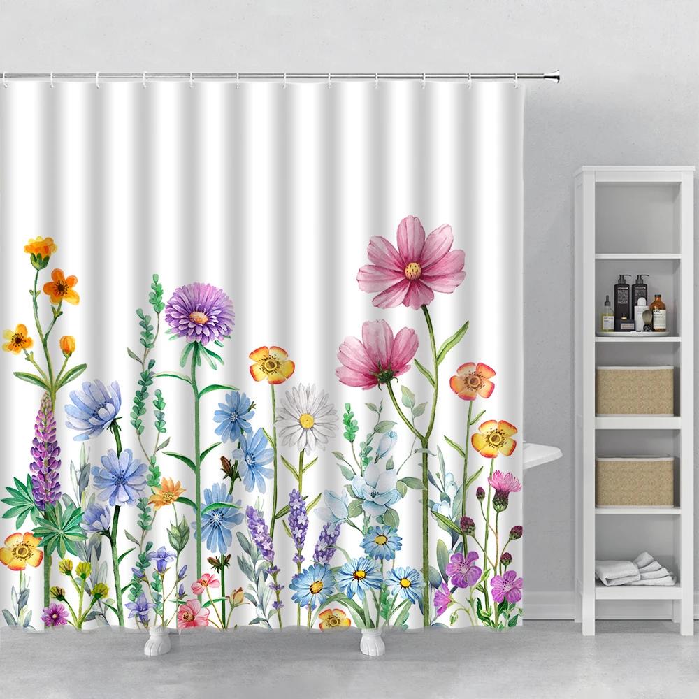 Plant Leaves Flower Shower Curtains Set Garden Floral Drum Tower Fabric Bathroom Decor Splash Resistant Partition Bath Curtains