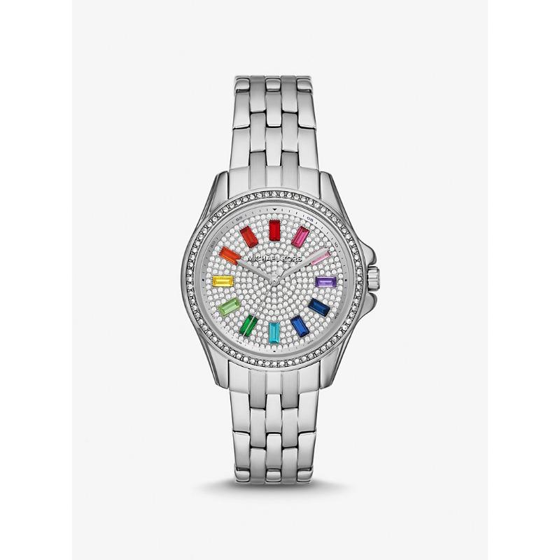 Мини-сумка-багет Michael Kors Pilot с радужным паве, серебристый корпус, часы MK7368 серебряный