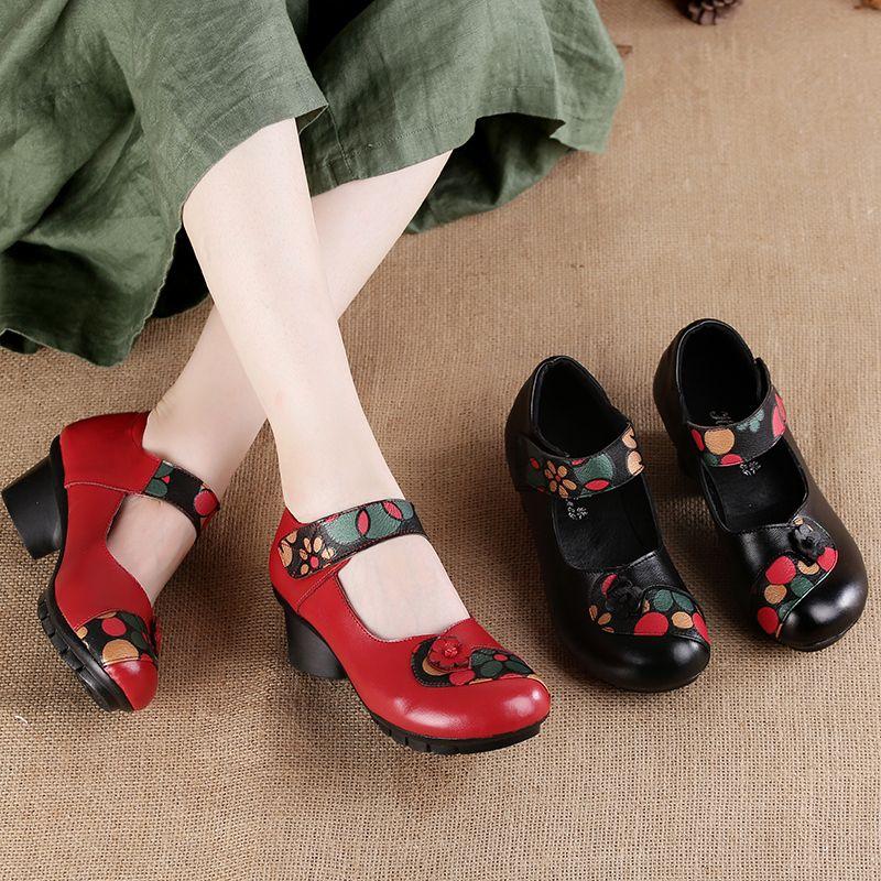 Women Vintage Pumps Genuine Leather Shoes Spring Elegant Shallow Ladies Thick with Shoes Womens Platform Red Women Shoes