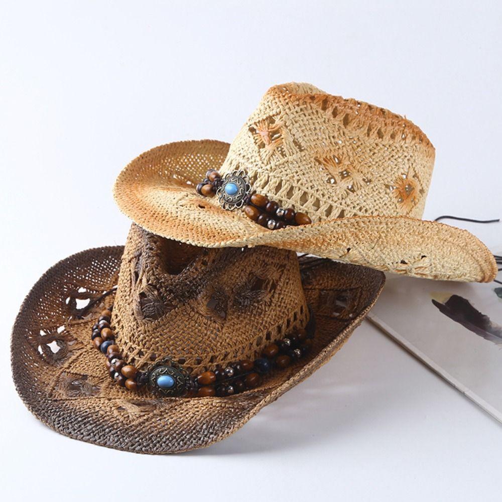 Beads Sunscreen Straw Hat Wide Brim Cowgirl Visor Cap Classic Summer Hat  Ladies