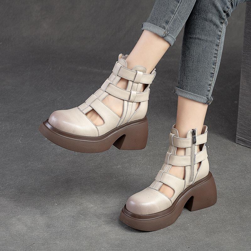 Fashion GKTINOO Women Sandals Wedges Heels Genuine Leather Round Toe Summer Fashion Female Gladiator Sandals Platform Shoes Woman