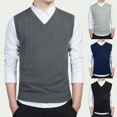 Suéter Tricotado Masculino Outono Inverno Cor Sólida Sem Mangas Decote V Colete Business