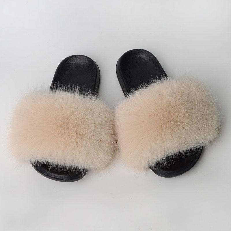 Women'S Faux Fox Fur Slippers Large Summer Open-Toe Fluffy Casual Anti-Slip Sandals Fluffy Black Slide Fur Slider