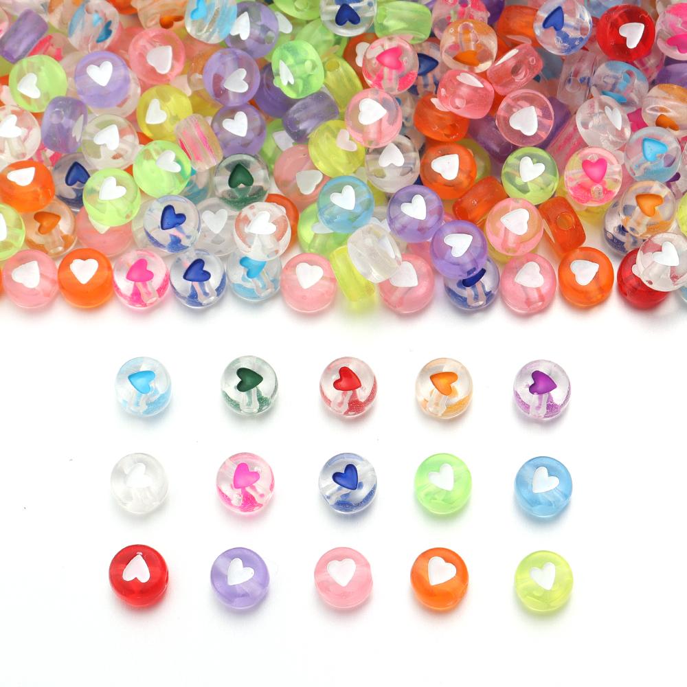 100pcs/lot 7mm Acrylic Beads Colored Transparent Heart Pattern Loose Flat Round Beads For Craft Bracelet Making DIY Jewelry Gift