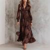 Women'S Autumn And Winter Long Dress Waist Digital Printing Pleated V-Neck Zipper Dress