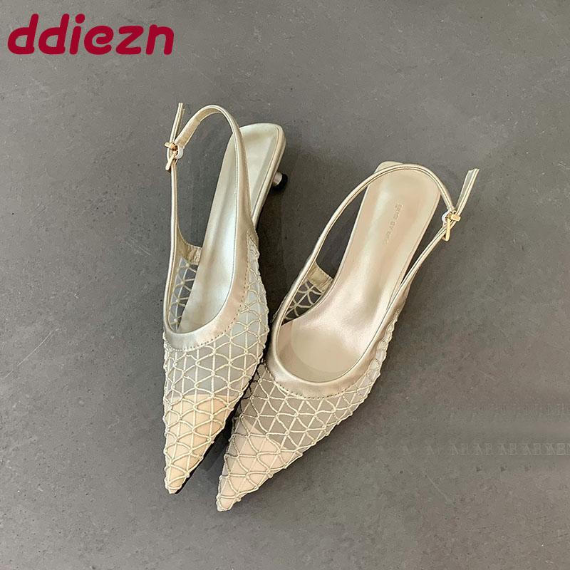 Fashion Fashion Pointed Toe Elegant Women Low Heel Sandals Shoes Spring Summer Mesh Breathable Ladies Heeled Sandals Shoes Female Pumps