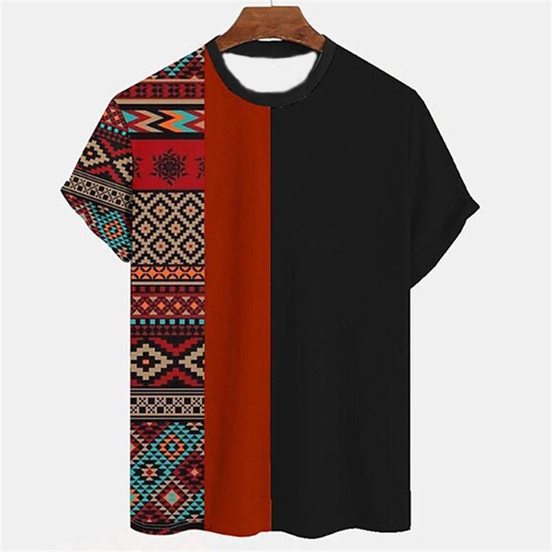 Pánské tričko s kmenovým etnickým vzorem, barevné prošívání, 3D potisk, letní ležérní top s kulatým výstřihem, krátký rukáv, volné tričko
