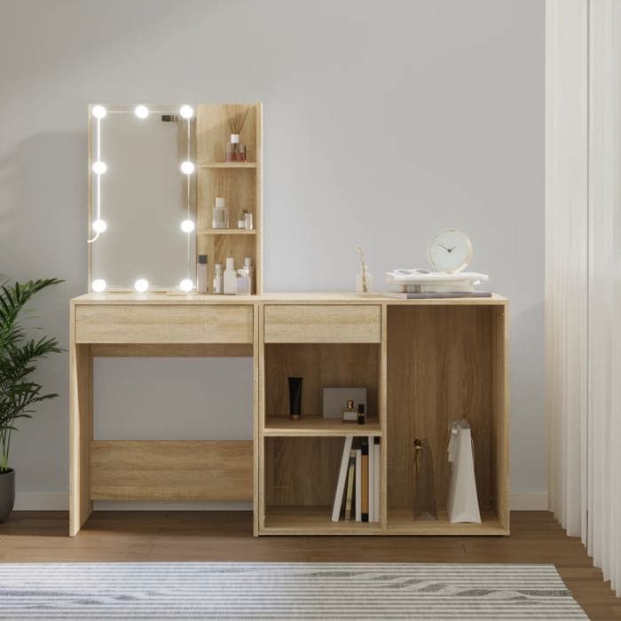 VidaXL Coiffeuse à LED avec Armoire Table Cosmétique Coiffeuse de Maquillage Table à Bijoux Chambre à Coucher Chêne Sonoma 3082020