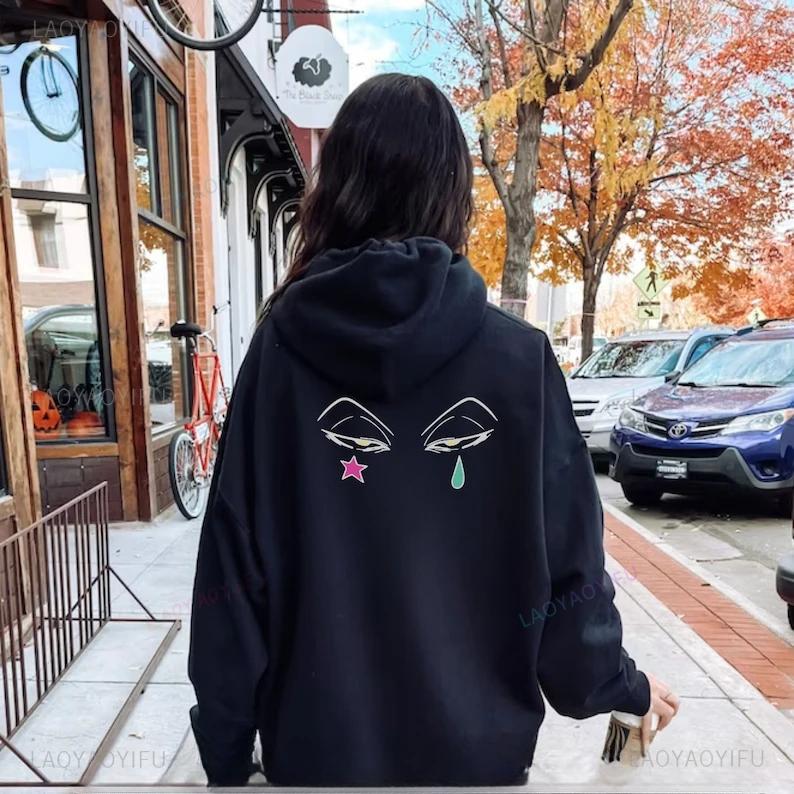 Joker Clown Eyes Tattoo Raindrop and Star Backside Hoodie Heavy Outerwear Inspired Design Streetwear Women Autumn Long Sleeve