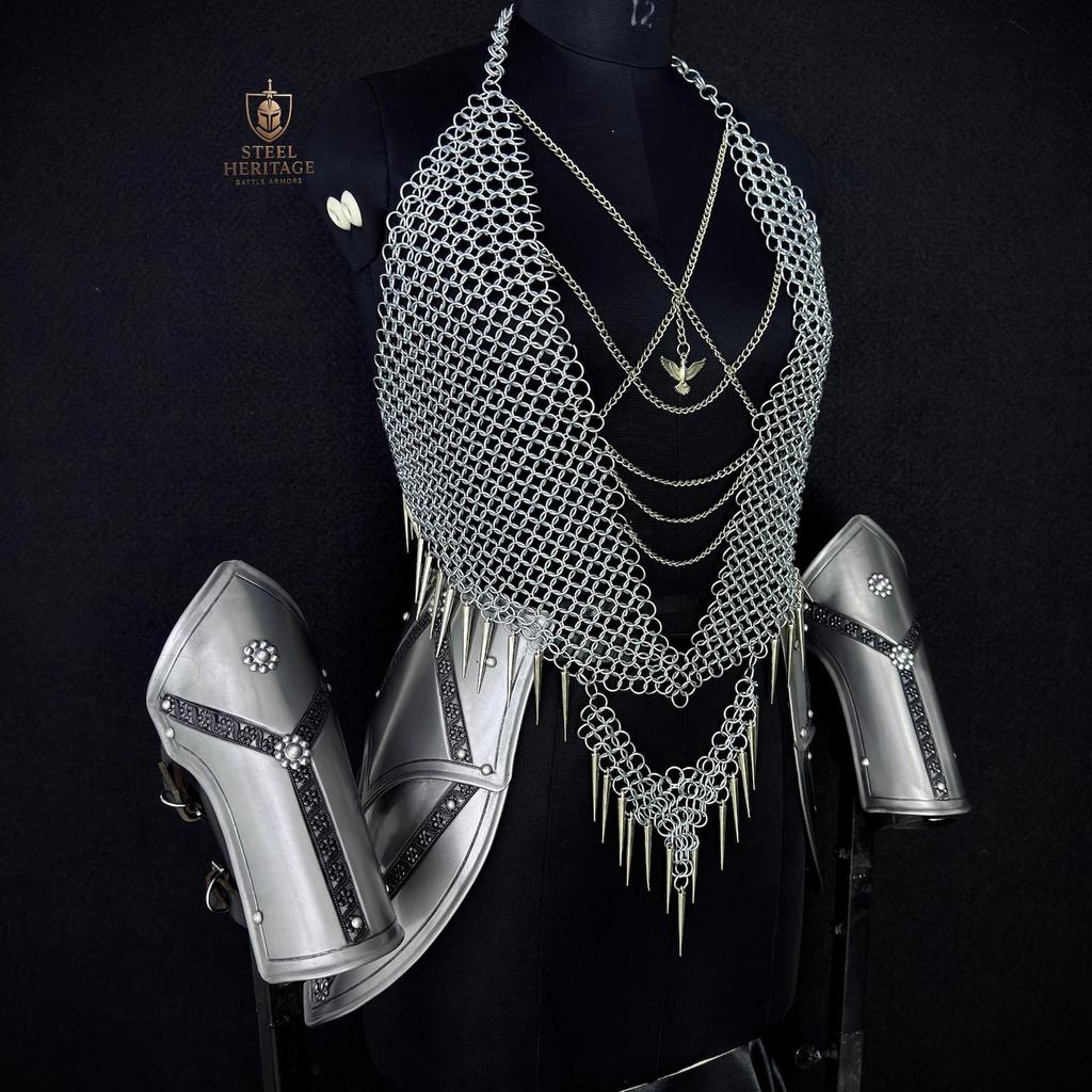 Medieval Fantasy Warrior Costume with Chainmail Top and Bracers for LARP Cosplay Renaissance Faire