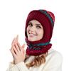 Women Hat with Long Scarf Full Face Guard Warm Knit Thermal Fleece Winter Ski Hat Patchwork Color Plush Ball Decor Cold Weather Headgear