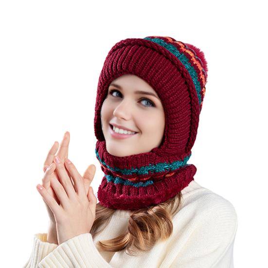 Women Hat with Long Scarf Full Face Guard Warm Knit Thermal Fleece Winter Ski Hat Patchwork Color Plush Ball Decor Cold Weather Headgear