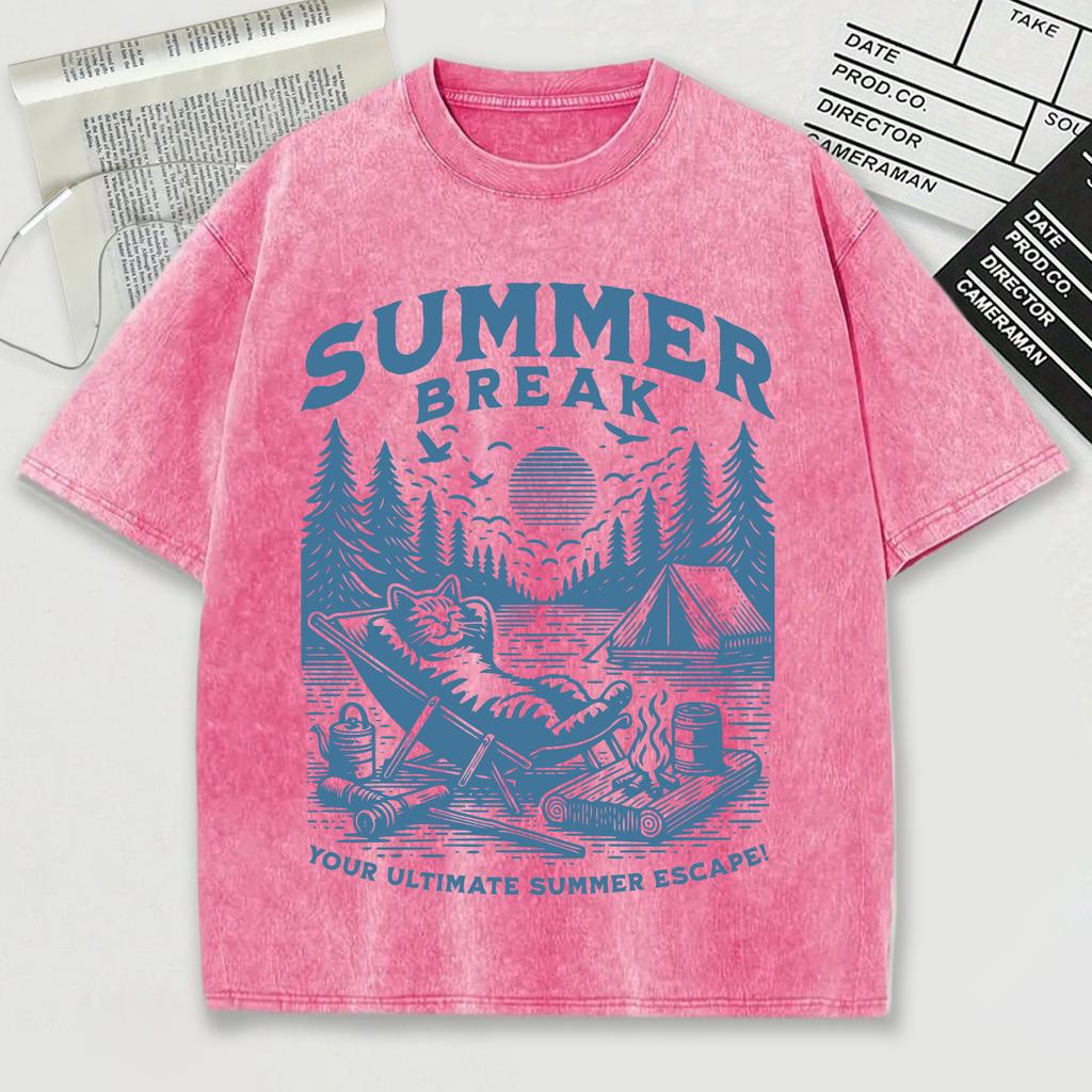 Summer Break Prints Washed T-Shirt Men Summer Loose Cool O-Neck Tee Breathable Sport Soft Cotton Short Sleeve