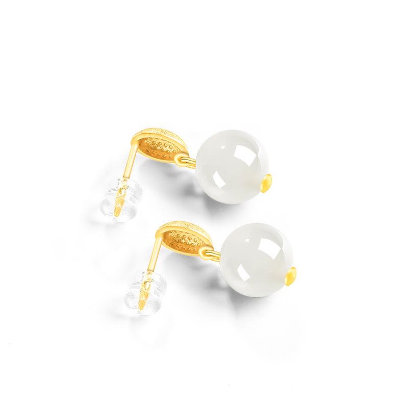 S925 Silver Hotan White Jade Round Bead Earrings for Women - Simple, Luxurious Design