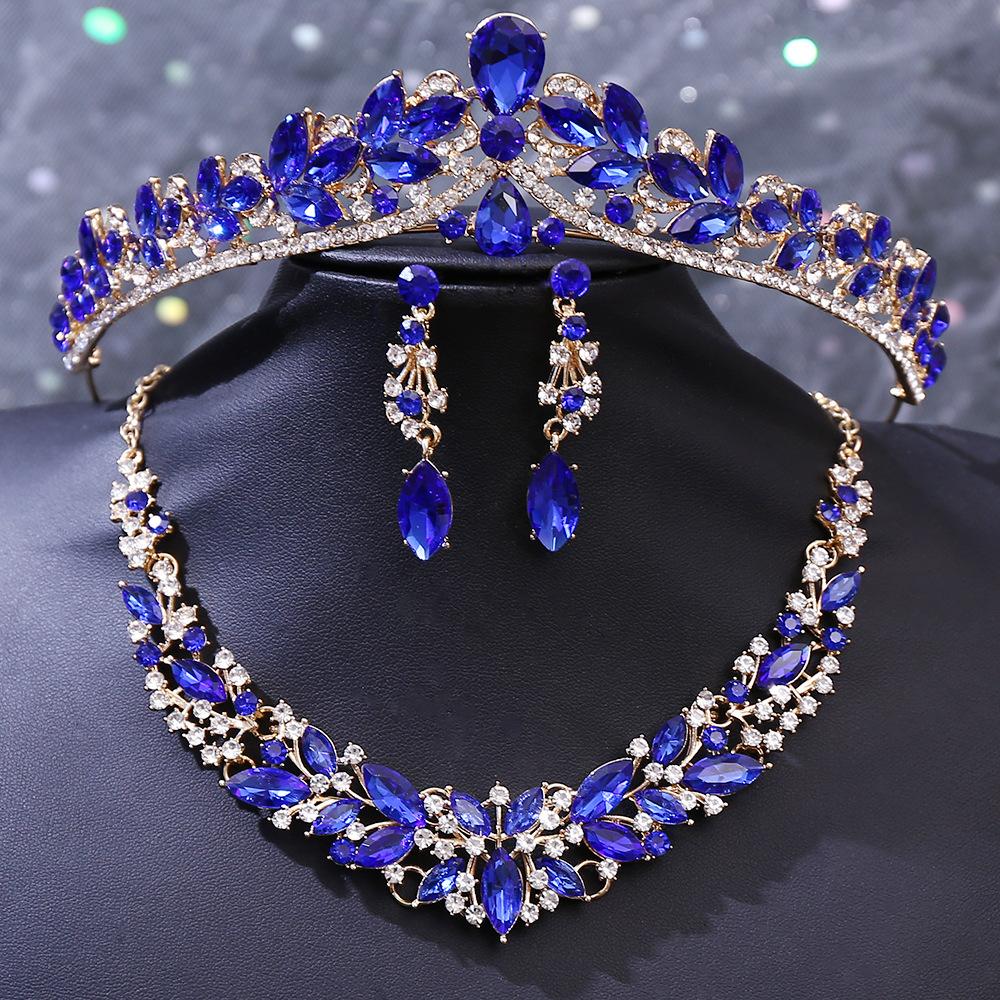 DIEZI 5 Farben Luxus Kristall Diadem Halskette Ohrringe Für Frauen Hochzeitsparty Elegant Braut Braut Strass Krone Accessoires