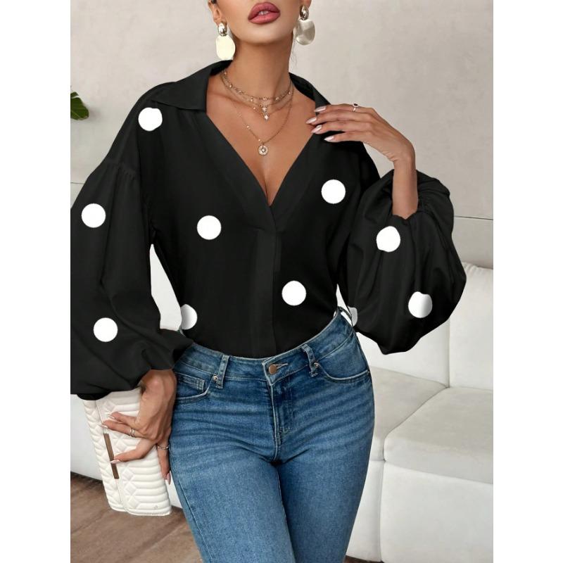 Camicetta da donna casual larga a pois con colletto semiaperto e maniche lunghe a sbuffo