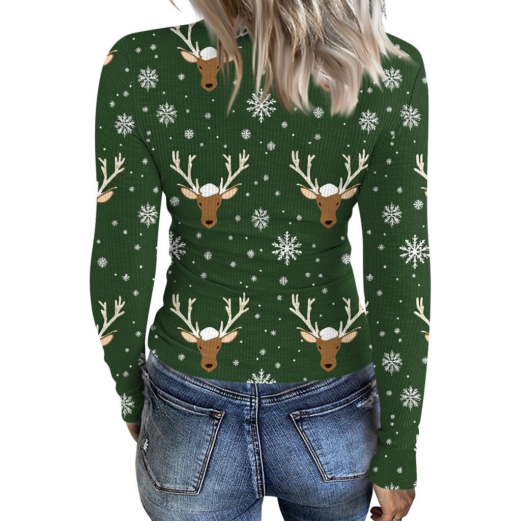 Women's Fashion Slim-Fit Round Neck Base Layer T-Shirt Christmas Print Long-Sleeved Top