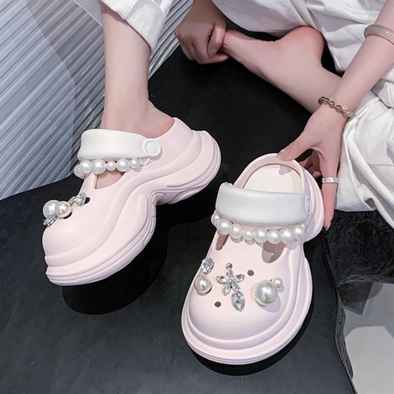 Fashion Cute Pearls Chain Chunky Sandals Women Fashion Diy Eva Platform Clogs Shoes Woman Outdoor Non Slip Soft Bottom Sandles Female