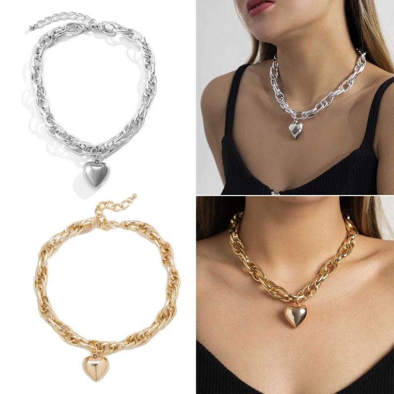 High Quality Punk Big Heart Pendant Necklace Women Fashion Statement Chunky Heavy Chain Fashion Jewelry Punk Thick Chain