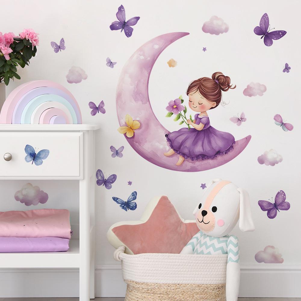 Kreskówkowy Sen Księżyc Mała Dziewczynka Sypialnia Salon Dom Ściana Tło Upiększanie Dekoracja Naklejki Ścienne