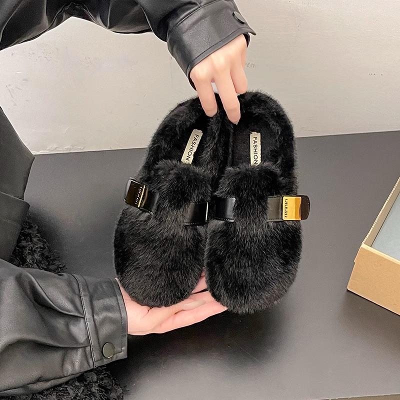 One Pedal Fairy Wind Soft Sole Velvet Outer Wear Fluffy Shoes Female Outer Wear 2025 Autumn and Winter New French Cotton Shoes Tide