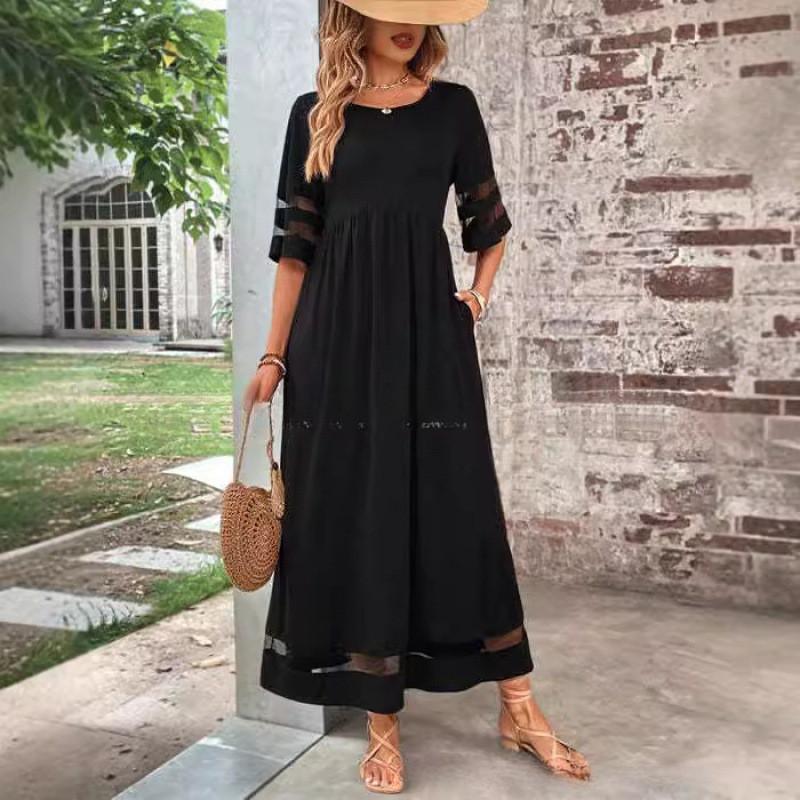 Elegantes Polyester-Halbarm-Netz-Rundhals-Kleid für Büro und Freizeit