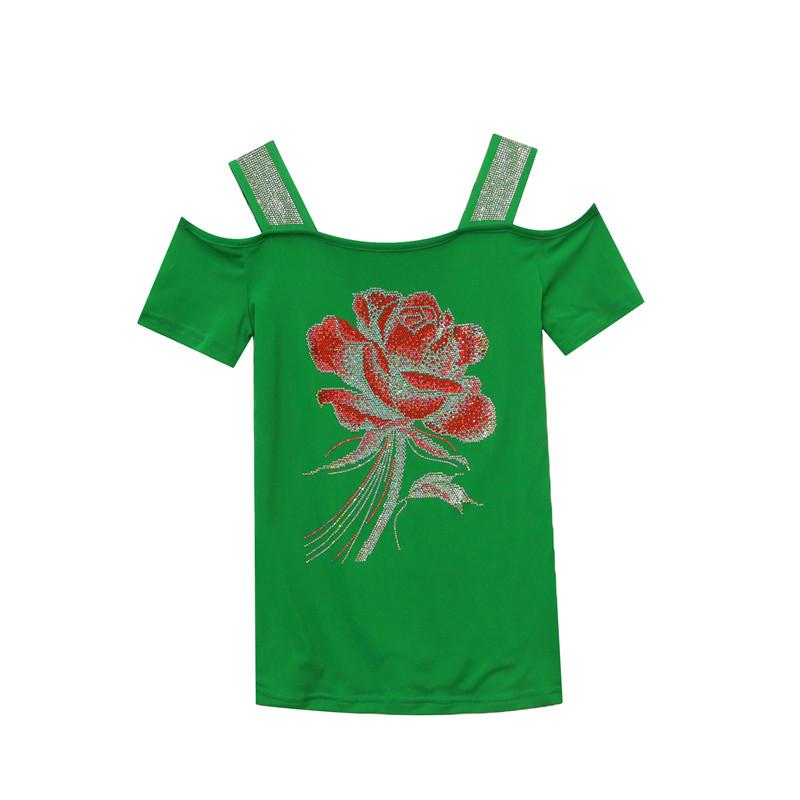 Streetwear Girl Summer Chic Clothes Mesh T-Shirts Shiny Flower Hot Diamonds Women's Tops New Sexy Off Shoulder Short Sleeve Tees