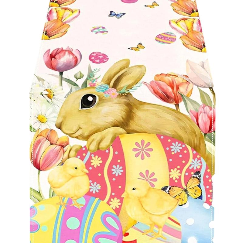 Linen Table Scarf Easter Rabbit Eggs Pattern Rectangular Washable Table Runner For Spring Decorations And Home Styling