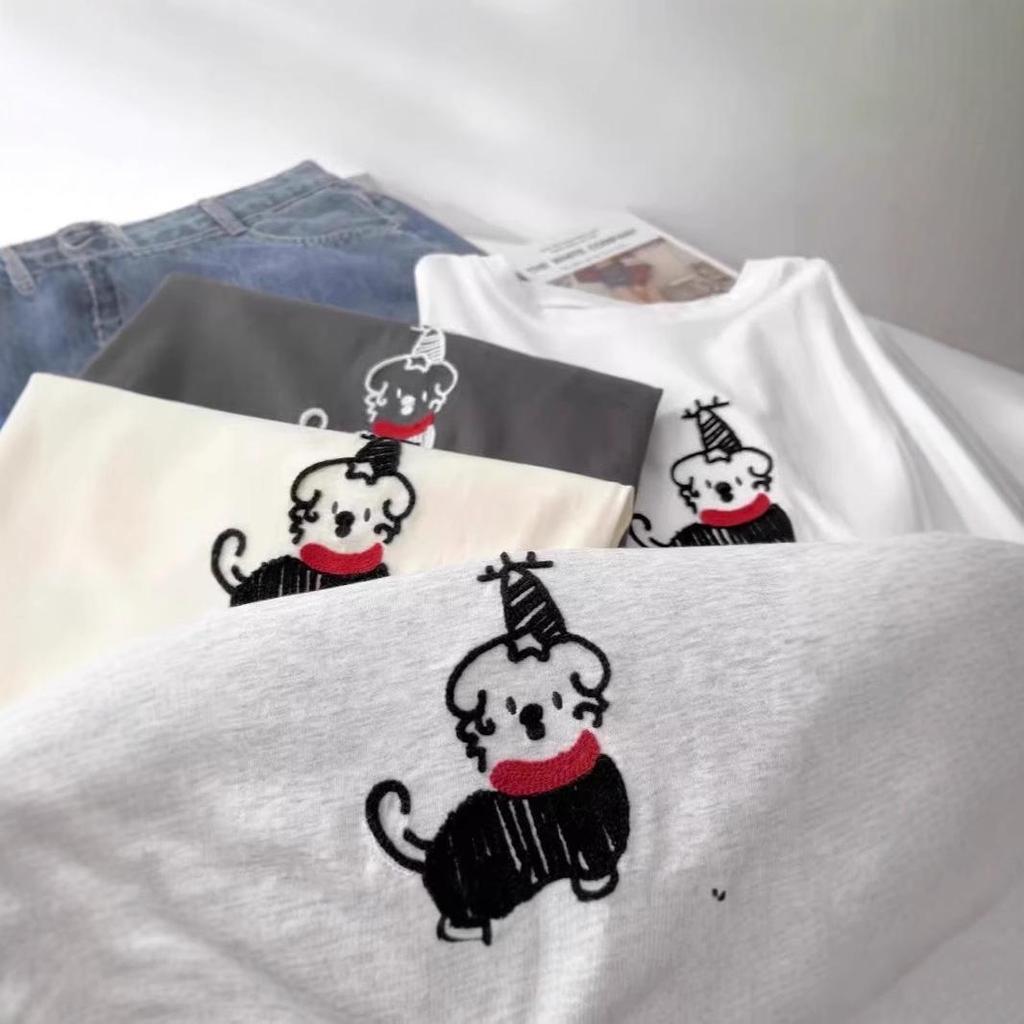 Korean Age-Reducing Red Scarf Puppy Embroidered Women's T-Shirt - Soft Cloud Cotton Brushed Short Sleeve Spring/Summer 2025