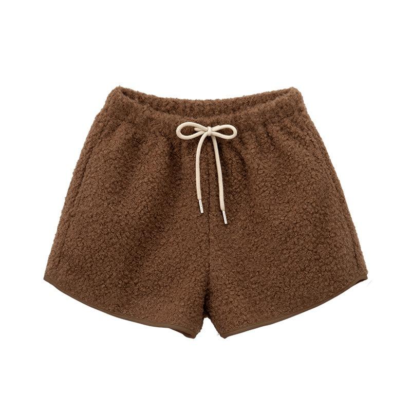 Lamb Wool Shorts Apricot Casual Pants Women's Winter Retro Thermal Plush Wide-leg Pants Gray Plush Pants
