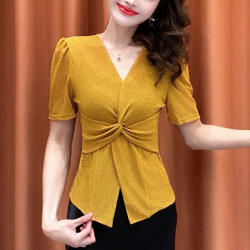 Women's V-Neck Twist Front Blouse Puff Short Sleeve Slim Fit Casual  Pullover Top
