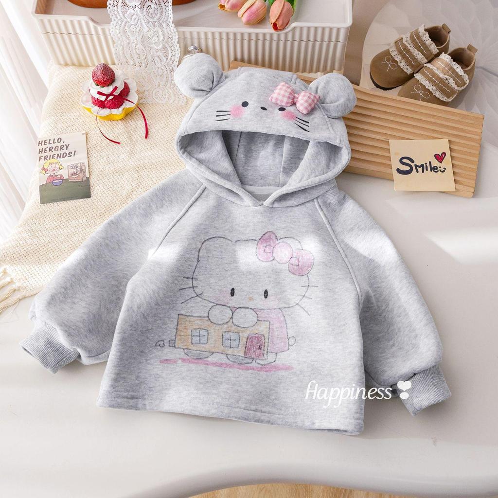 Çocuk Sonbahar/Kış 2025 Karikatür Fiyonklu Kapüşonlu Sweatshirt ve İspanyol Paça Pantolon Takımı