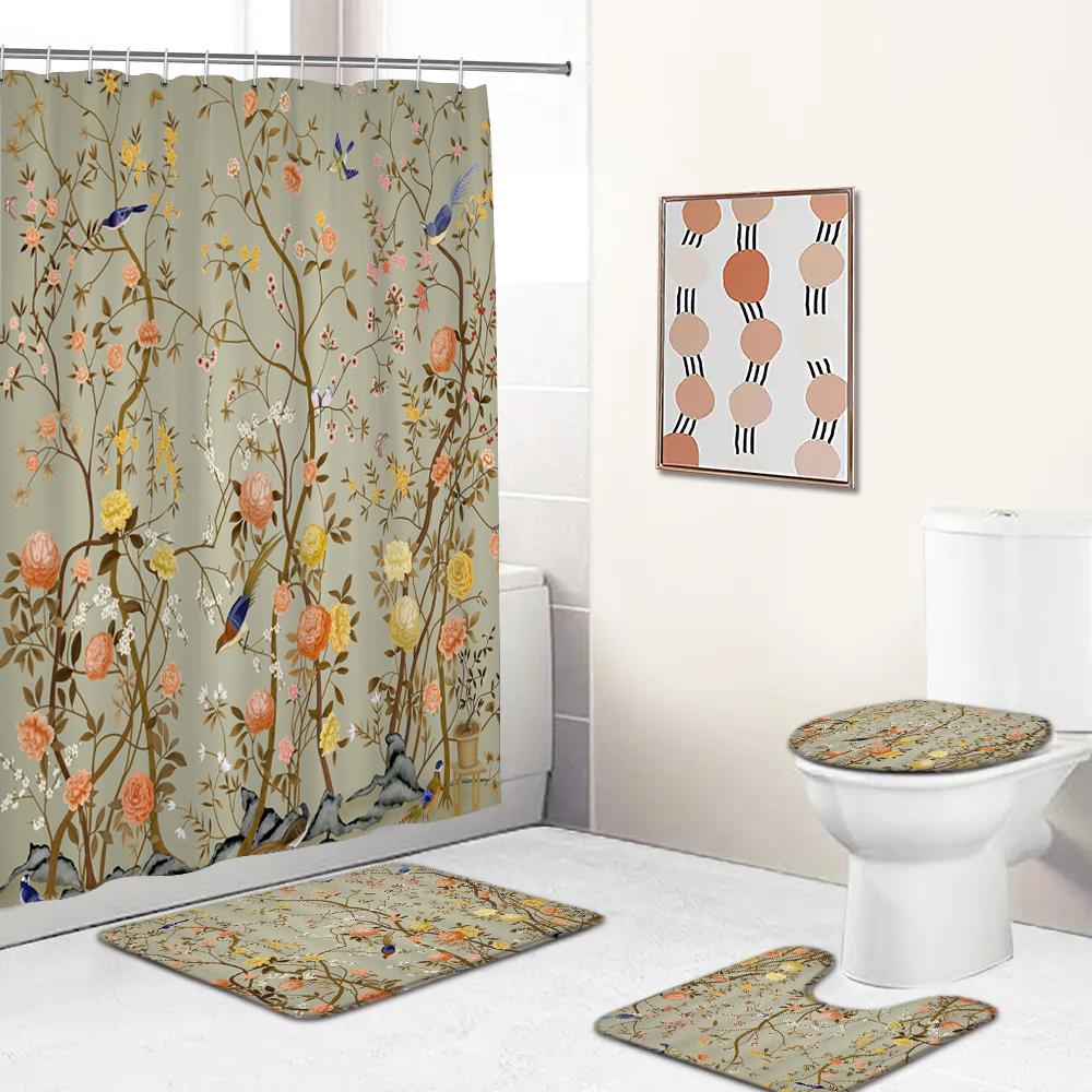 Chinese Style Flowers And Birds Waterproof Shower Curtain Set Toilet Seat Cover Bath Non-Slip Mat Rug Carpet Bathroom Decor