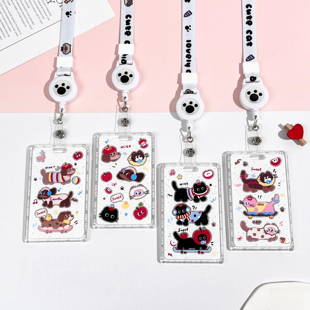 Kawaii Cat Keychain Sliding Card Holder Student Meal Card Bus Card Photo Card Holder Lanyard Lady Id Card Credit Card Holder