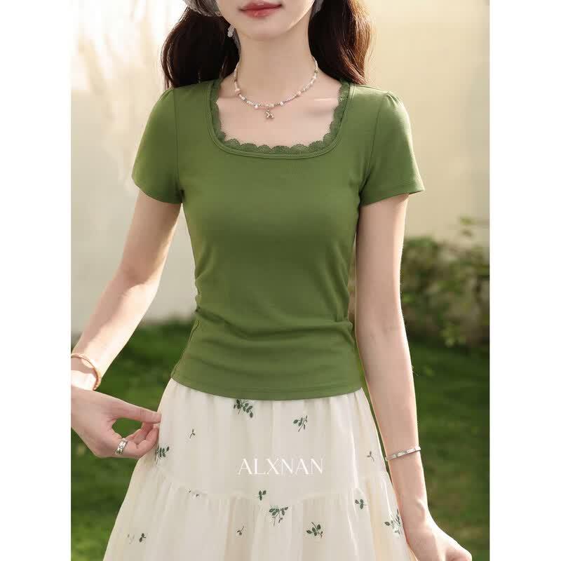 Women's Retro Green Square Neck Lace Trim Slim Fit Short Sleeve T-Shirt